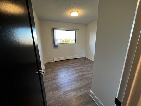 A room with a black door and a window with a view of trees outside.