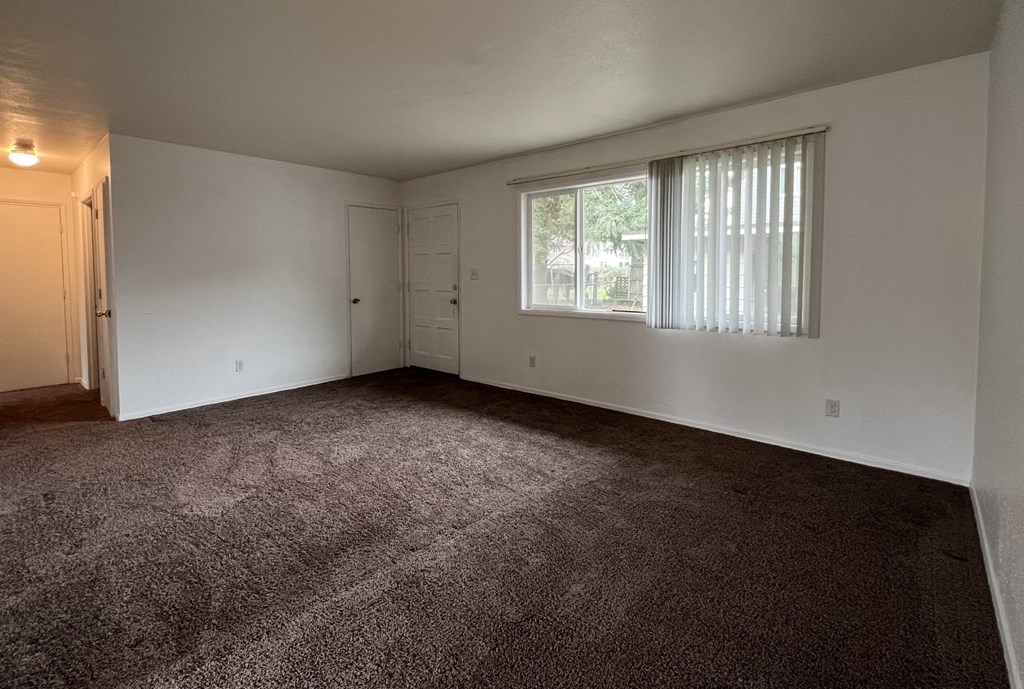 an empty living room with carpet and a window