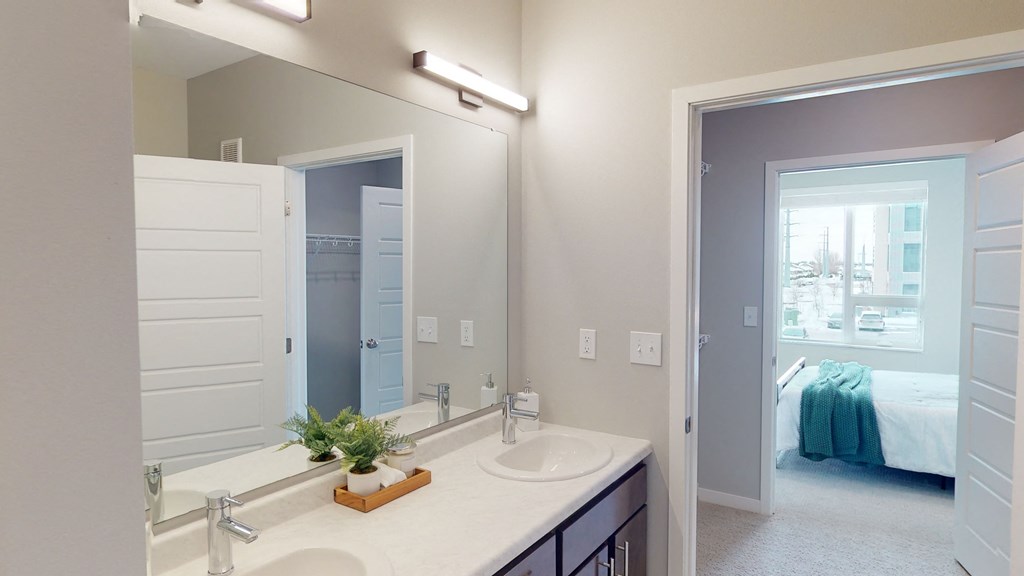 a bathroom with a large mirror and two sinks