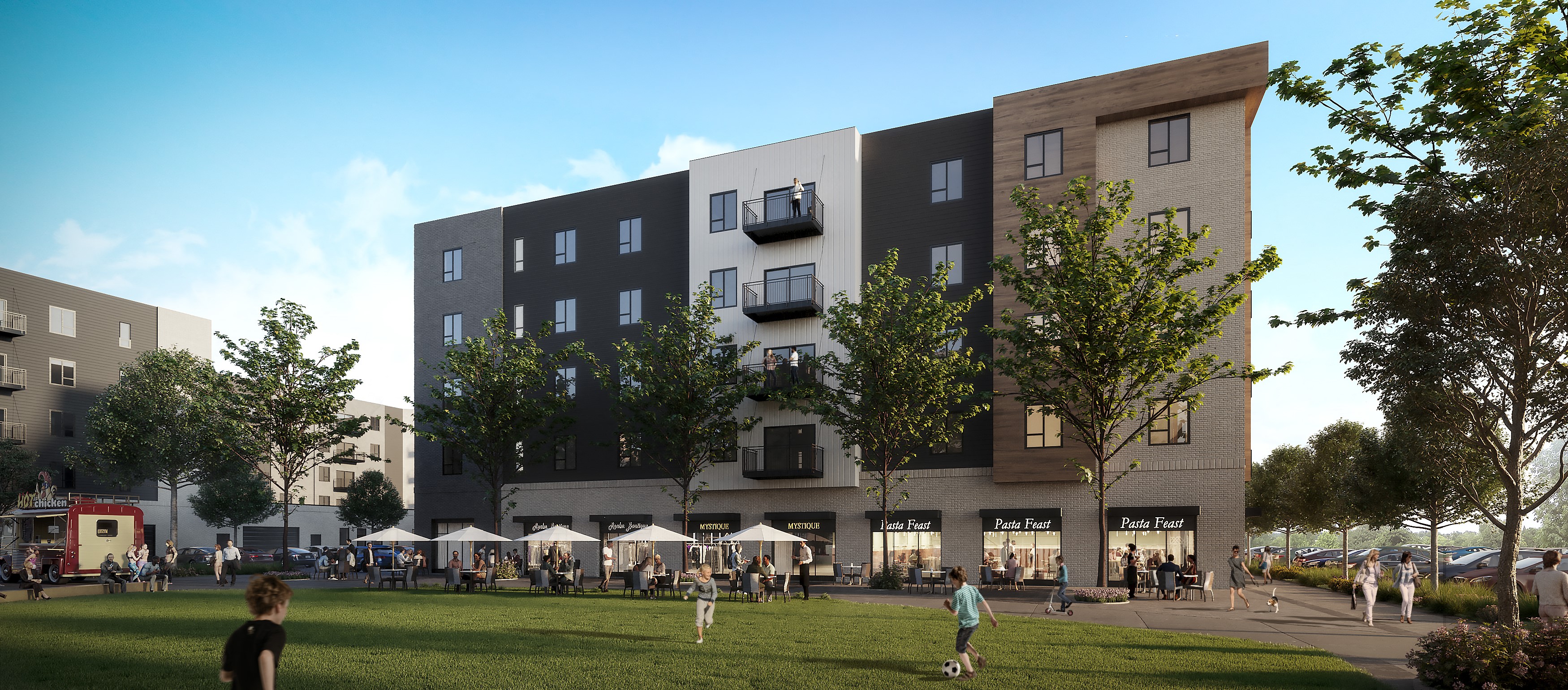 a rendering of a building with a park in front of it