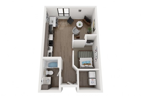 a stylized floor plan with a bedroom and a bathroom