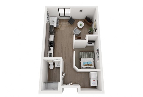 a stylized floor plan with a bedroom and a living room