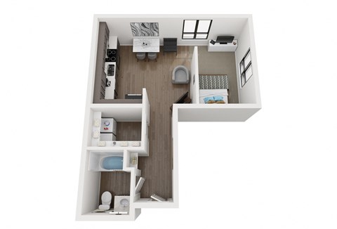 a stylized floor plan with a bedroom and a living room