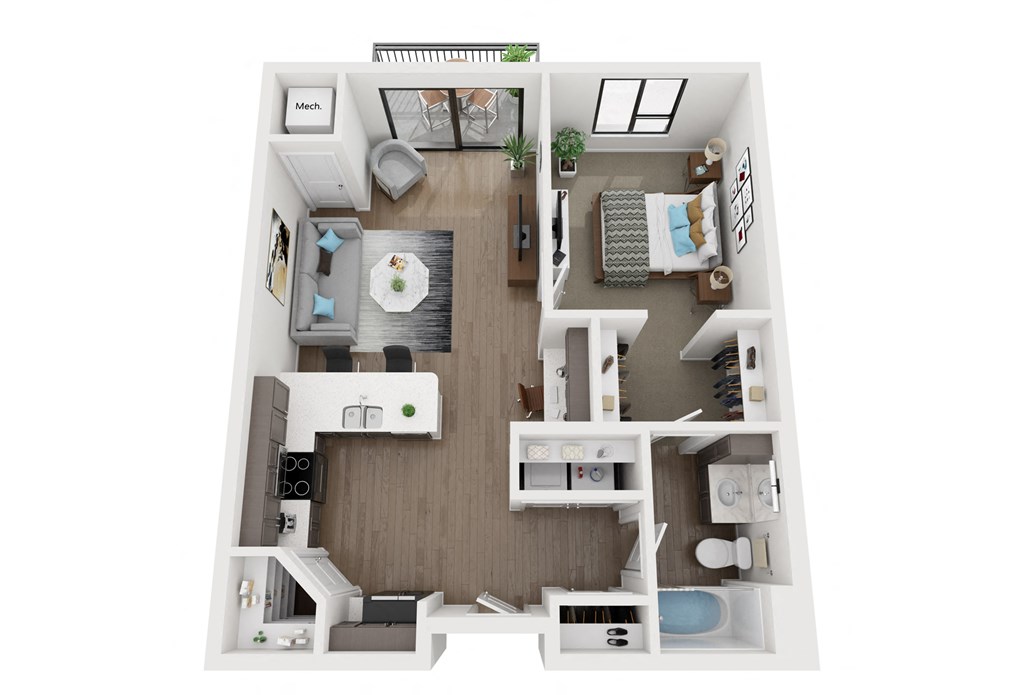 a stylized floor plan of a 1 bedroom192 sq ft