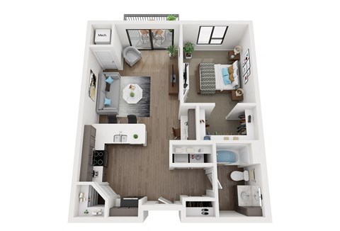 a stylized floor plan of a 1 bedroom192 sq ft