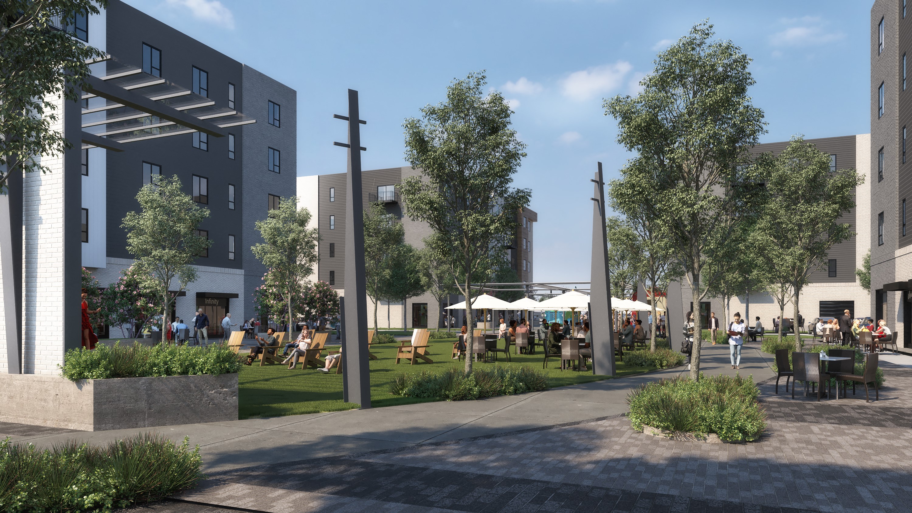 a rendering of a park with benches and trees in front of buildings