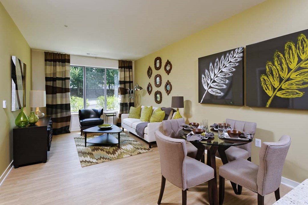 a living room with a couch and a table