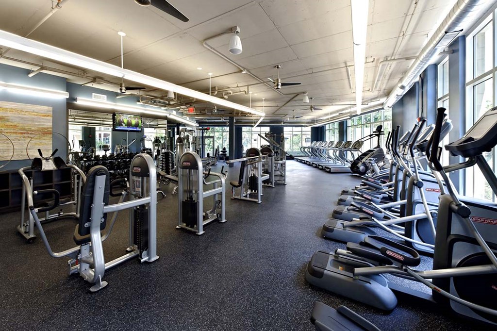 a gym with cardio equipment and weights on the floor