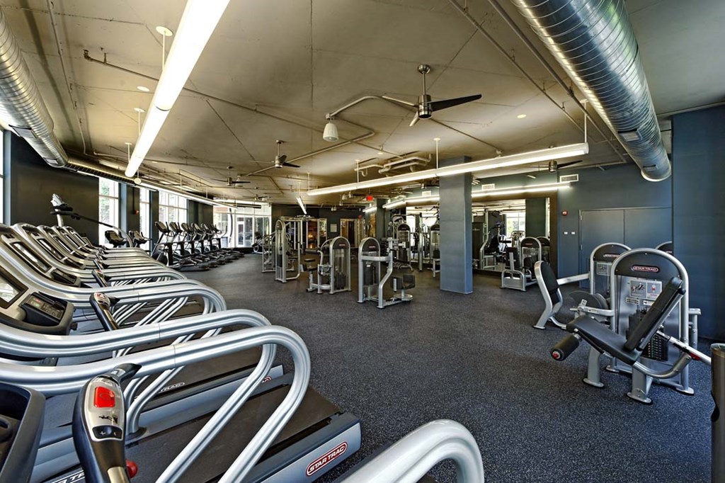a gym with cardio equipment and weights on the floor
