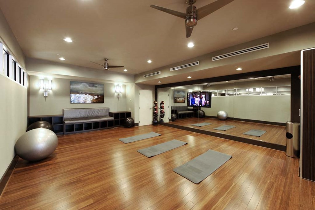 a yoga room with yoga mats and a tv on the wall