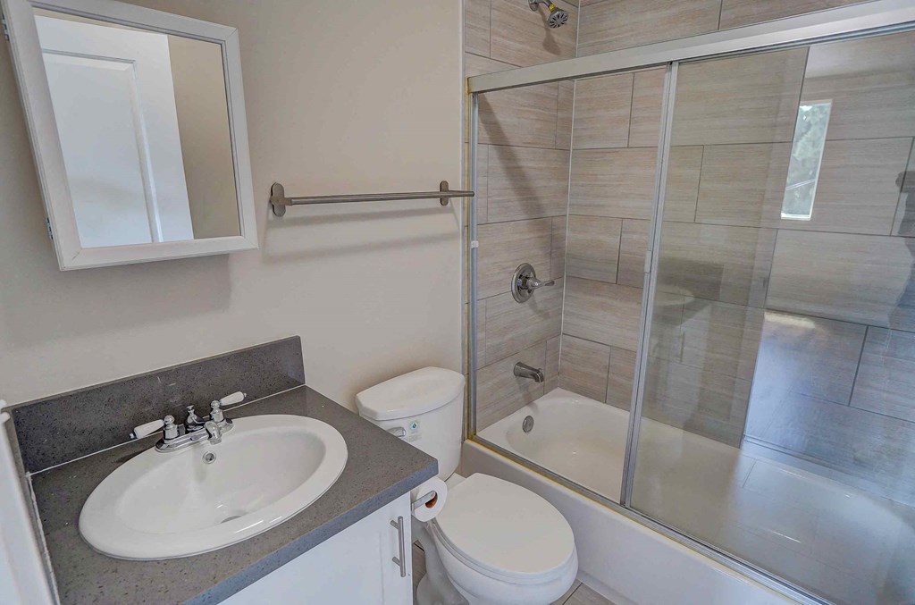 a bathroom with a sink toilet and shower