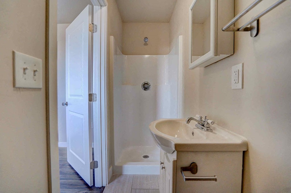 a bathroom with a sink and a shower and a door