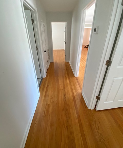 a hallway with wooden floors and white doors