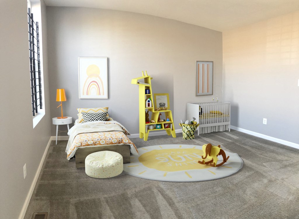 a bedroom with a bed and a rug on the floor