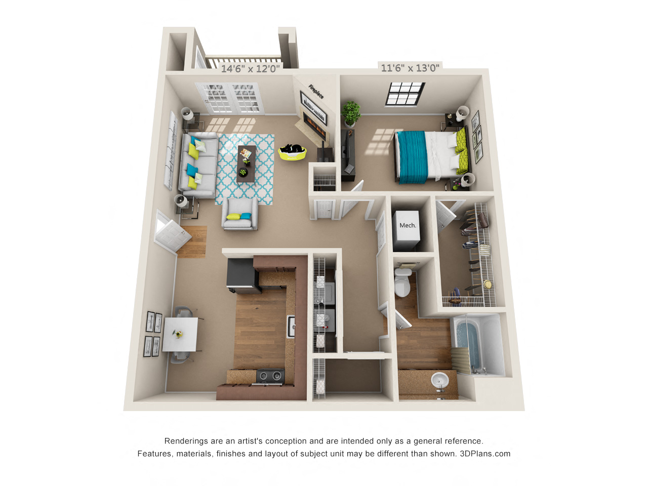 One Bedroom, One Bathroom 3D Floor Plan Rendering of the Brindley at Hawthorne at the Ridge