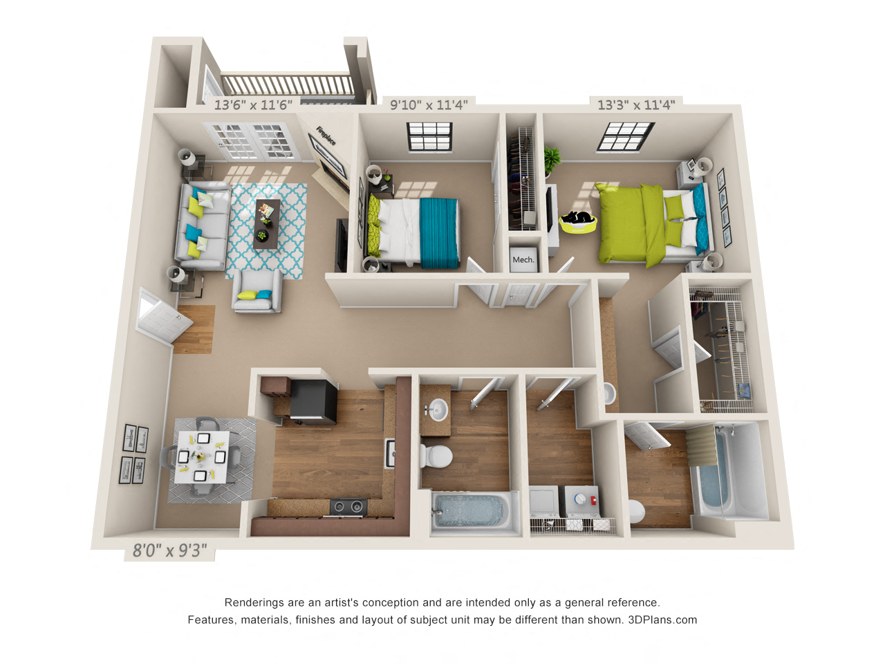 Two Bedroom, Two Bathroom 3D Floor Plan Rendering of the Capshaw at Hawthorne at the Ridge