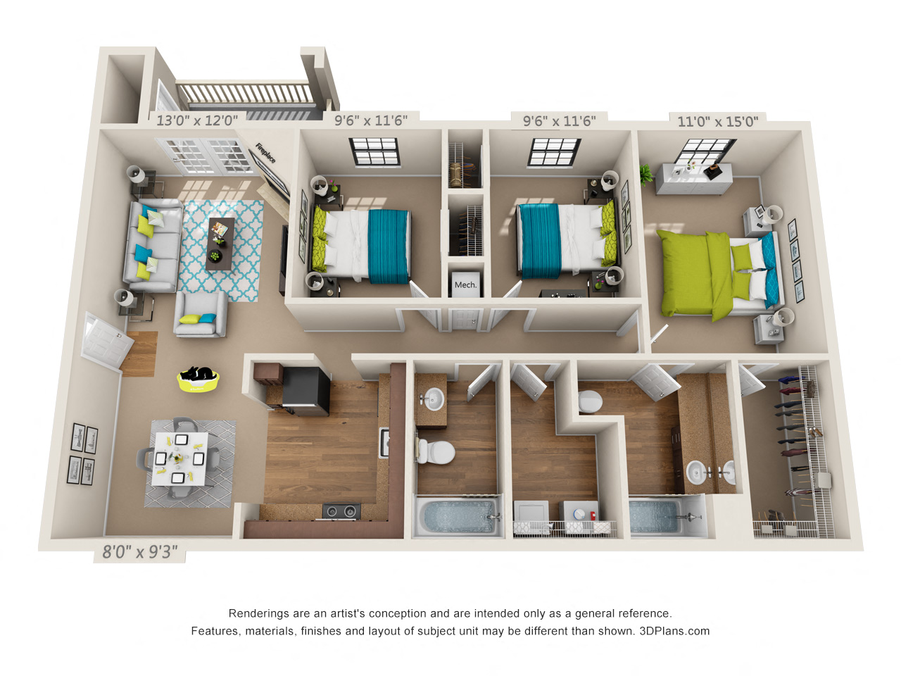 Three Bedroom, Two Bathroom 3D Floor Plan Rendering of the Monte Sano I at Hawthorne at the Ridge