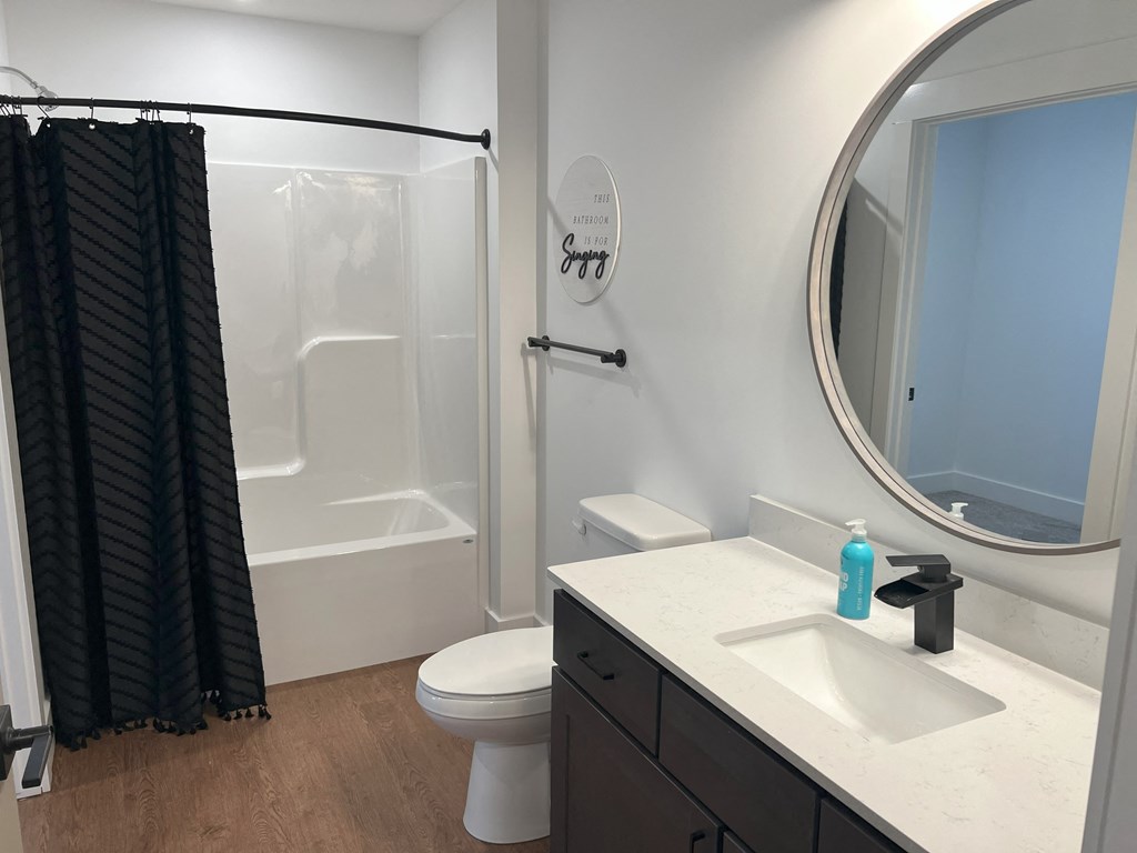 a bathroom with a sink and a shower and a toilet