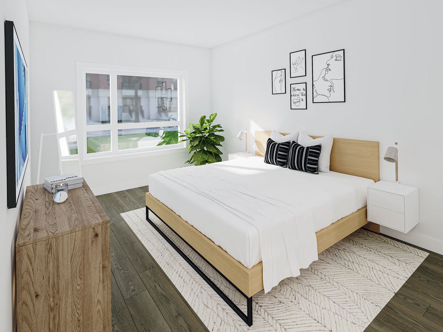 A bedroom with a large bed, a wooden nightstand, and a plant.