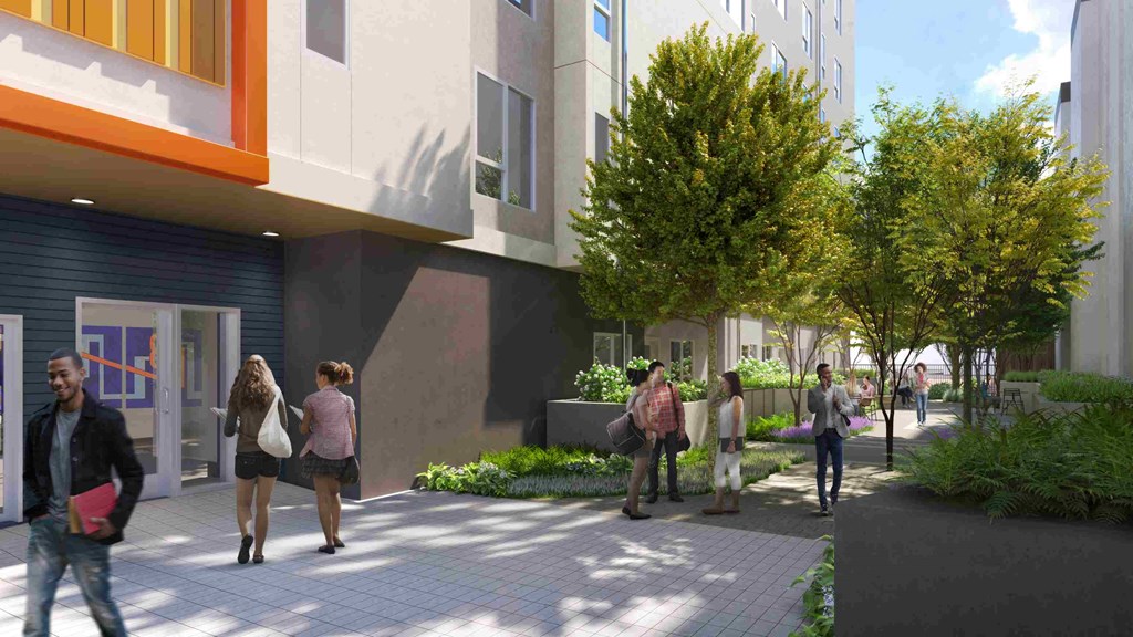 a rendering of people walking in front of a building