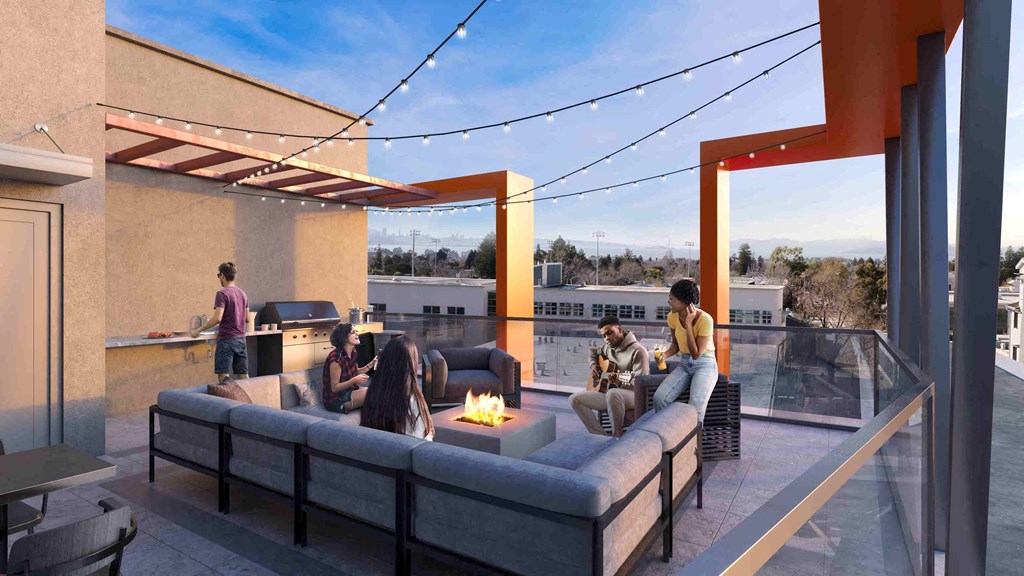 a rendering of a rooftop patio with couches and a fire pit