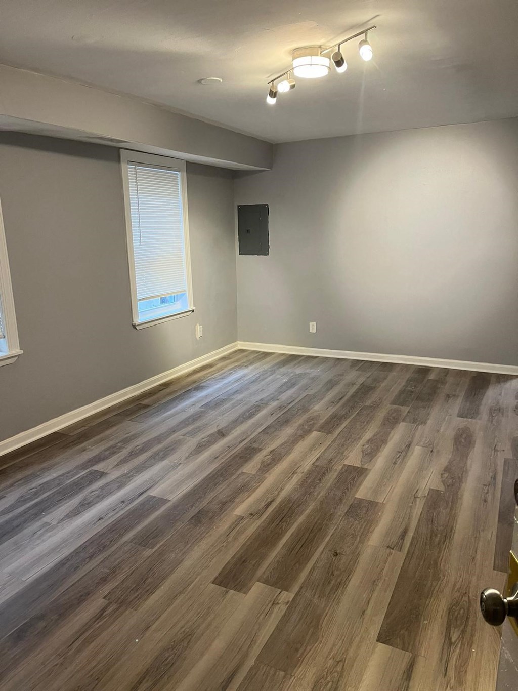 a living room with wood floors and gray walls and a window