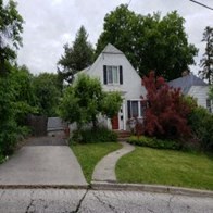 A white house with a grey roof and a red tree in front.