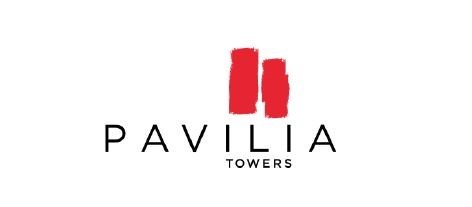 The image shows a logo with the text "PAVIA TOWERS" in black with a red graphic element.