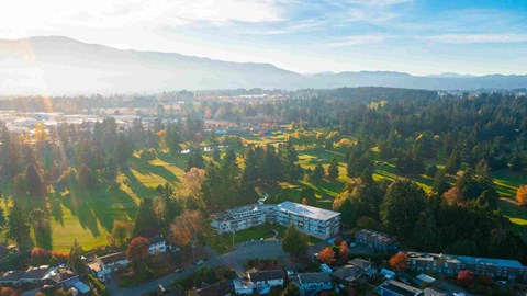 arial view of a campus with trees and mountains in the background