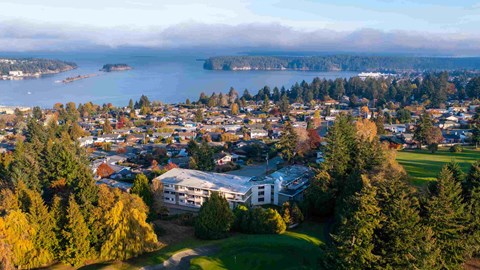 an aerial view of a city with a lake and trees