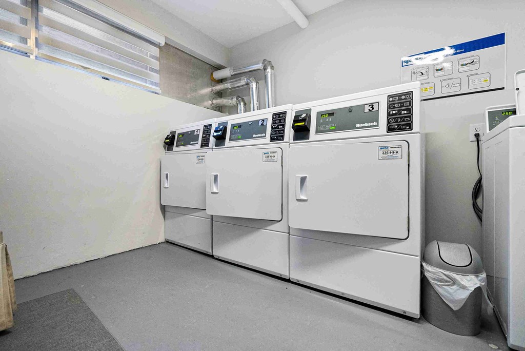a row of washers and dryers in a laundry room