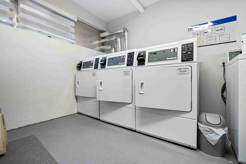 a row of washers and dryers in a laundry room