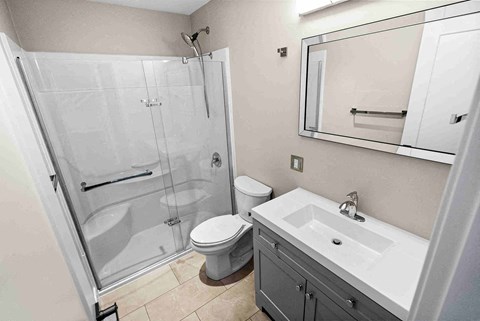 a bathroom with a shower and a sink and a toilet