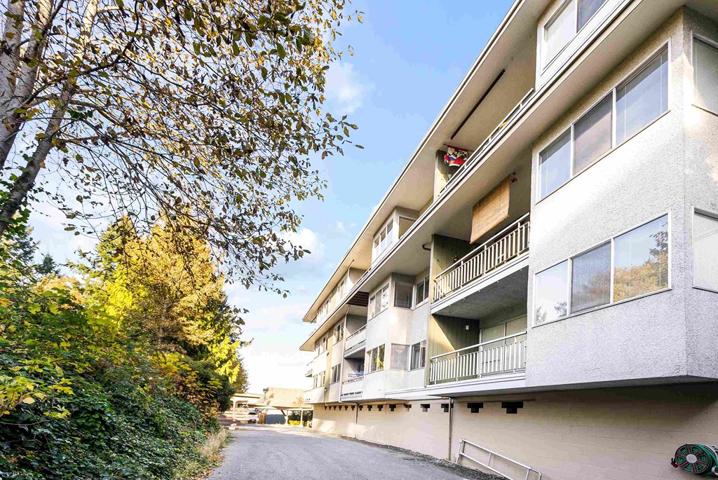 a street in front of a white apartment building with trees