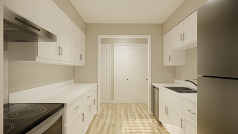 A kitchen with white cabinets and a checkered floor.