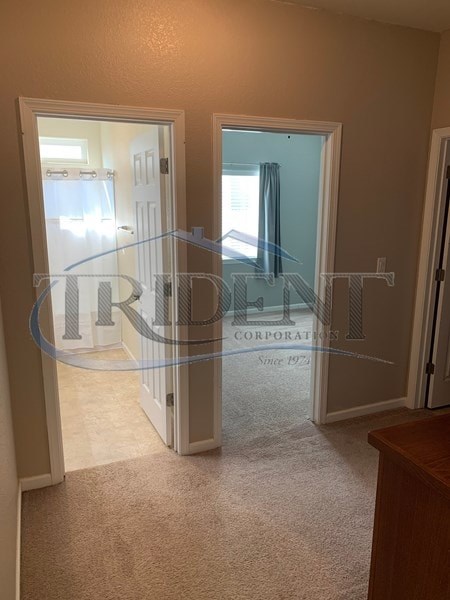 A hallway with a carpeted floor and a glass door leading to another room.