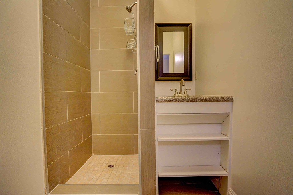 a bathroom with a shower and a sink and a mirror