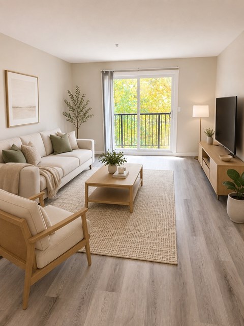 A living room with a couch, chair, and television.
