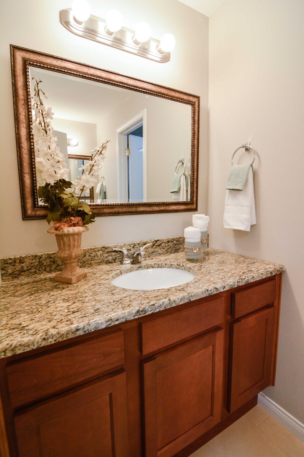 a bathroom with a sink and a mirror