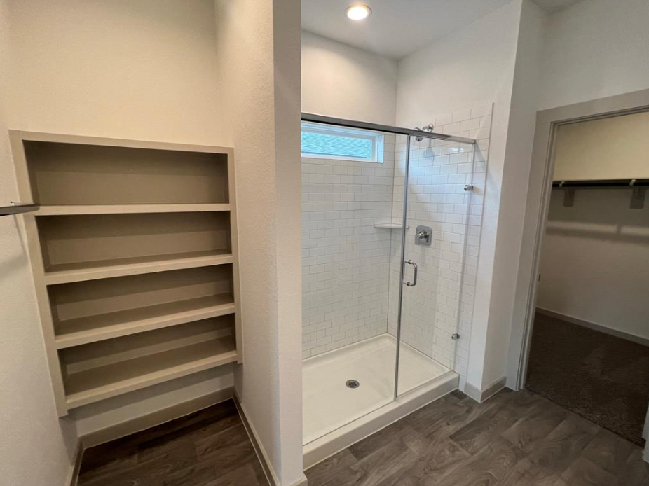 A bathroom with a walk-in shower and a shelving unit.