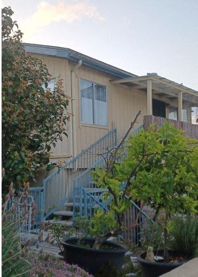 a house with stairs and a porch with plants