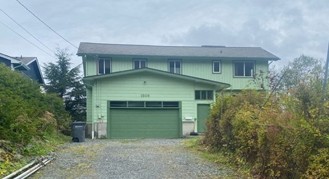 a green house with a green garage door
