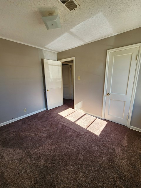 a bedroom with a carpeted floor and a door to a closet