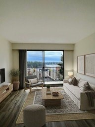 A modern living room with a view of the ocean.