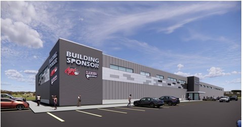 A rendering of a building with the words "Building Sponsor" on the side.