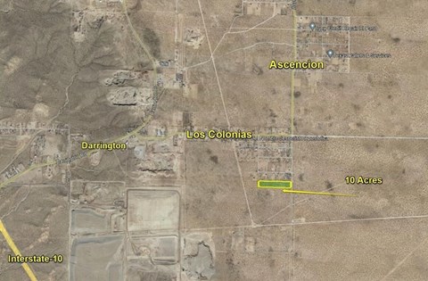 A satellite image shows a location named Ascension with a yellow box indicating 10 acres.