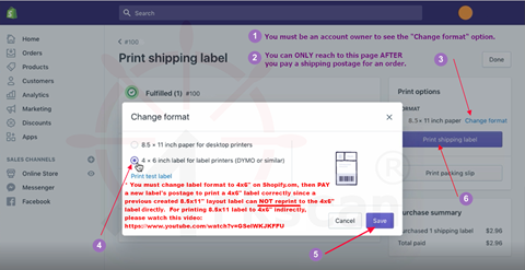 A screenshot of a computer screen showing a print shipping label page with instructions and options for changing the label format.