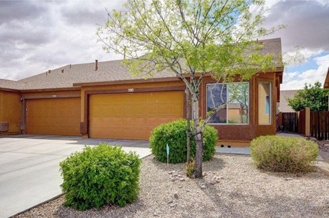 a house with a garage and a tree in front of it