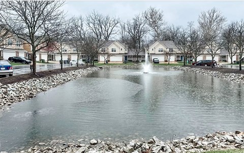 A pond in a residential area with houses and bare trees.