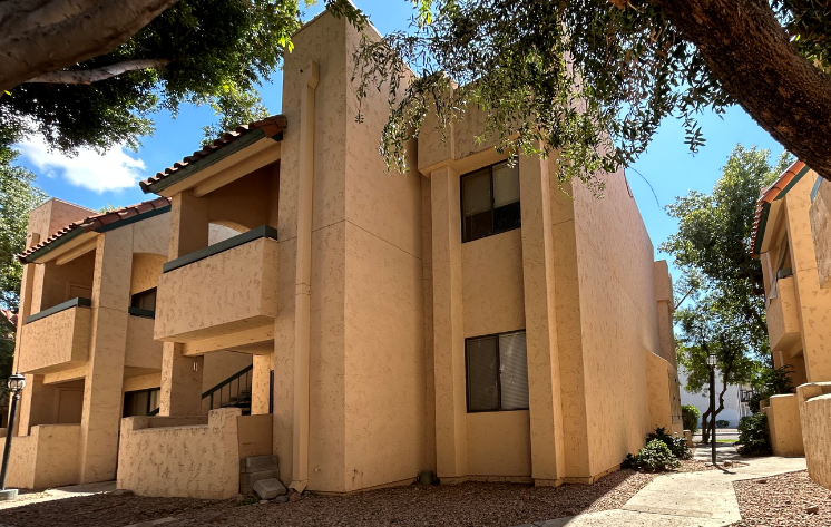 a building with a tree in front of it